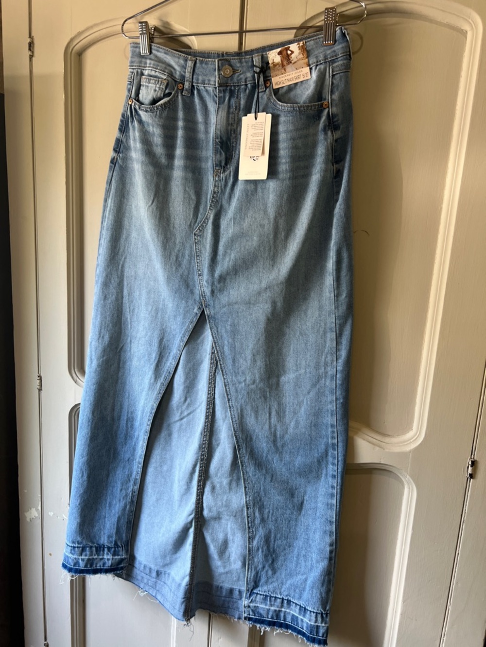 Sincerely Jules Light Blue Denim Maxi Skirt with Front Slit